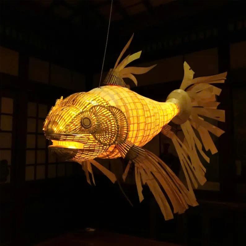 Wooden fish lamp hanging light wood veneer rattan fish pendant lighting woven fish chandelier koi fish lamp shade restaurant decoration