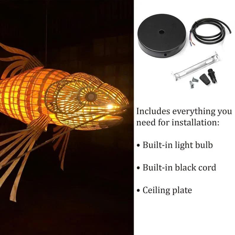 Wooden fish lamp hanging light wood veneer rattan fish pendant lighting woven fish chandelier koi fish lamp shade restaurant decoration