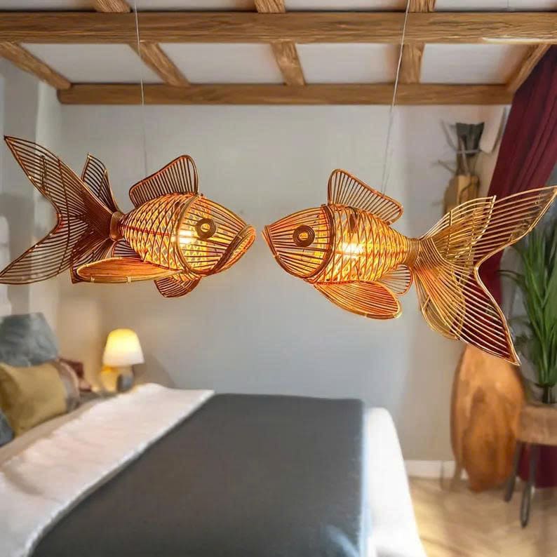 Fish chandelier lighting rattan pendant light fish hanging lamp wicker pendant lampshade for home decor