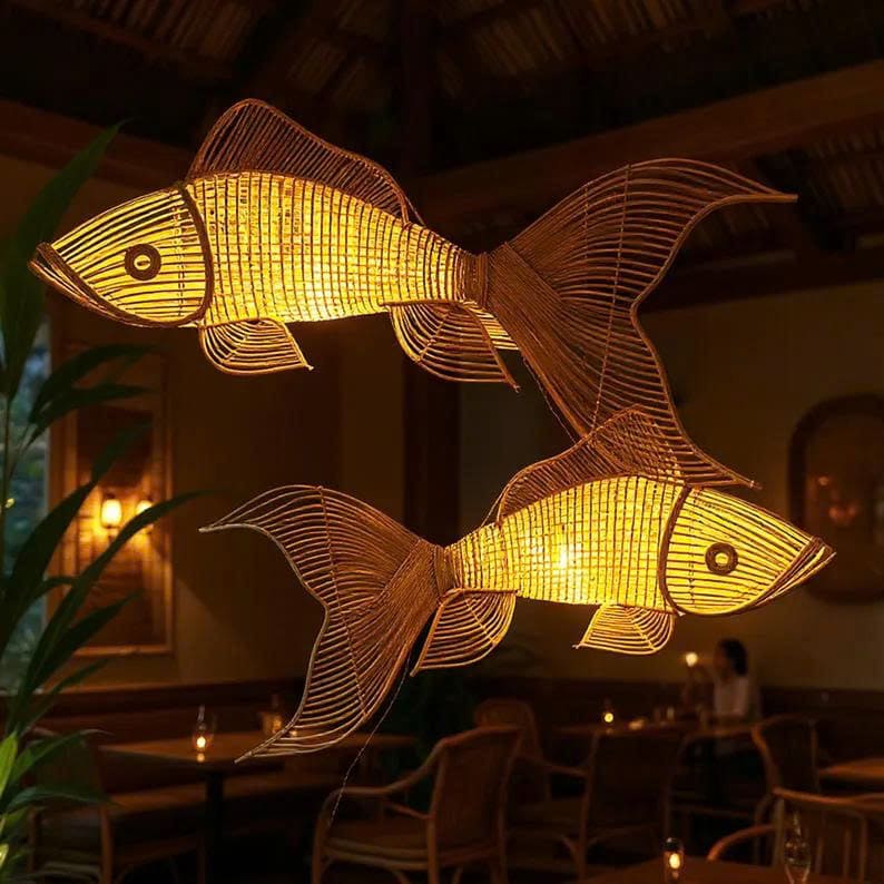 Fish pendant lamp rattan wicker pendant light unique fish chandelier lighting art deco lamp hanging