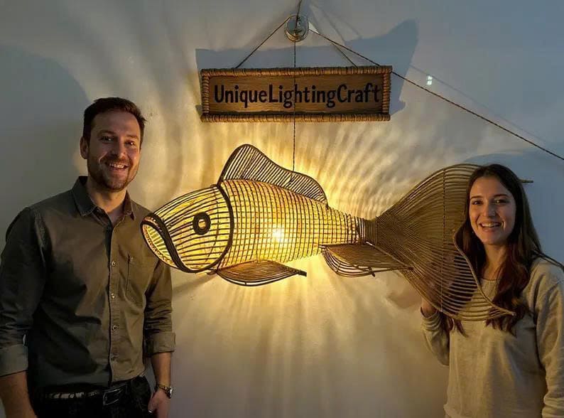 Fish pendant lamp rattan wicker pendant light unique fish chandelier lighting art deco lamp hanging
