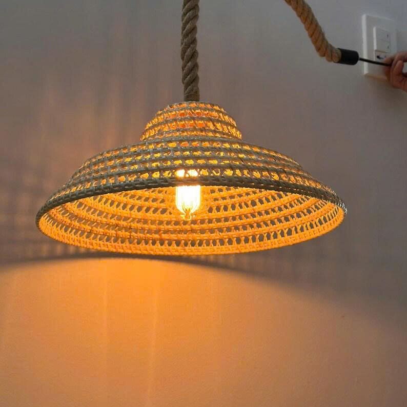 Cone shade lamp rattan pendant light wicker lamp shade vintage woven art deco lamp