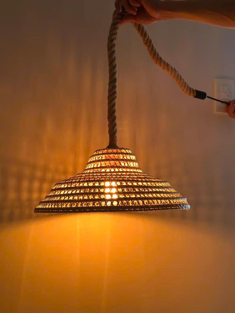 Cone shade lamp rattan pendant light wicker lamp shade vintage woven art deco lamp