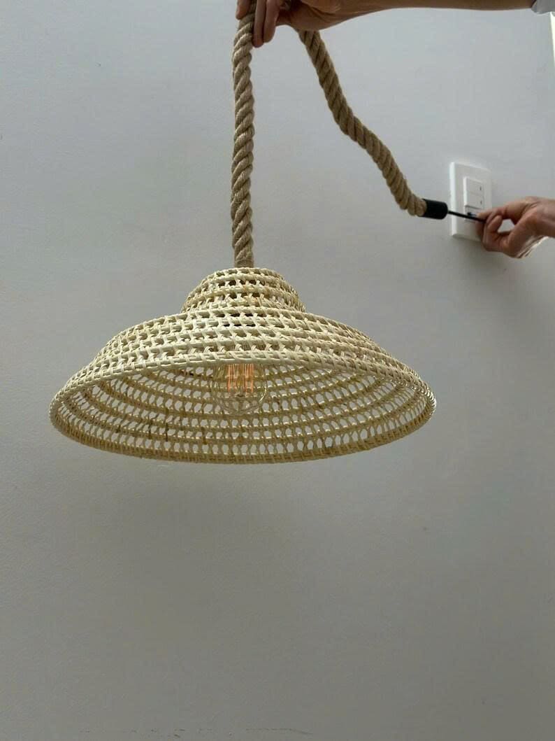 Cone shade lamp rattan pendant light wicker lamp shade vintage woven art deco lamp