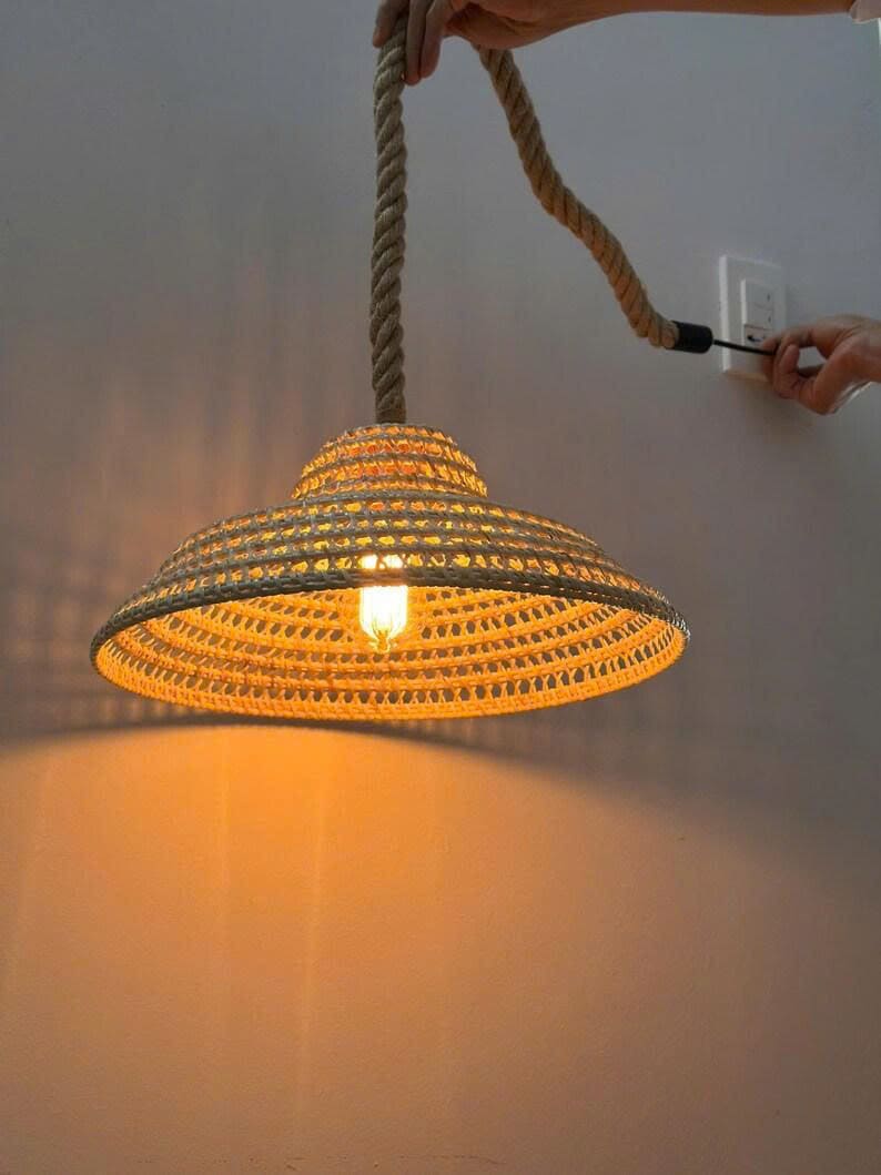 Cone shade lamp rattan pendant light wicker lamp shade vintage woven art deco lamp