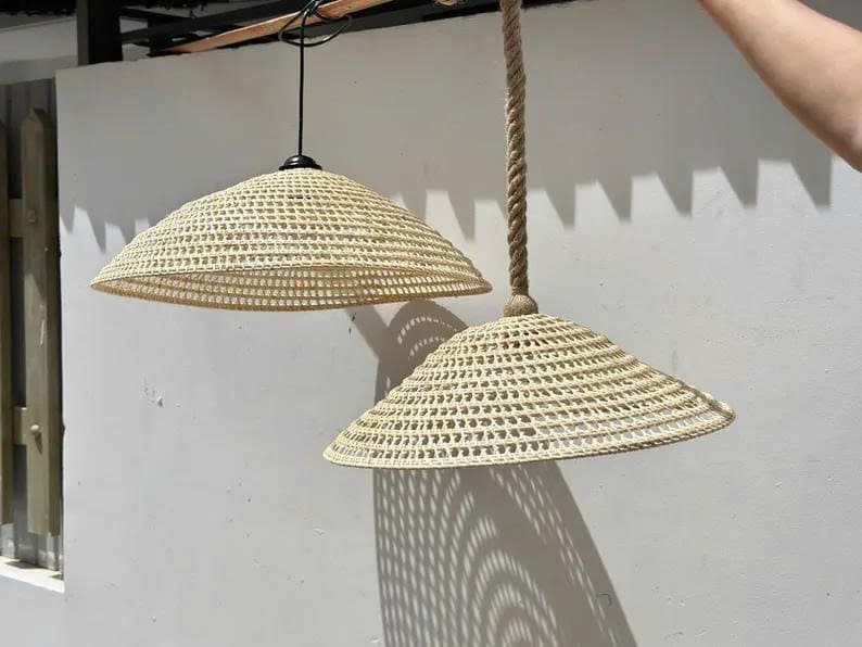 Cone pendant light rattan chandelier lighting wicker ceiling art deco lamp rustic kitchen island lighting