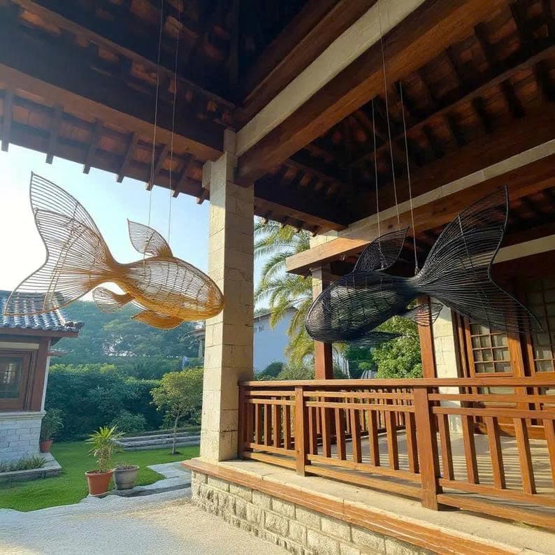 Rattan fish pendant lamp woven fish chandelier lighting art decor unique fish lantern light fixture