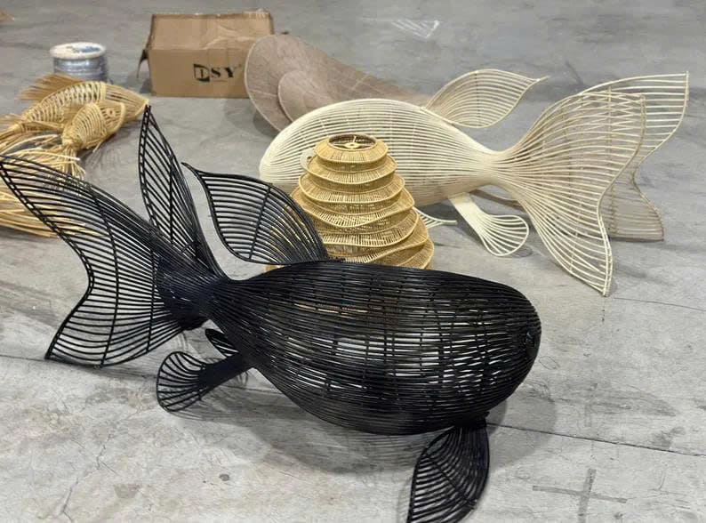 Rattan fish pendant lamp woven fish chandelier lighting art decor unique fish lantern light fixture