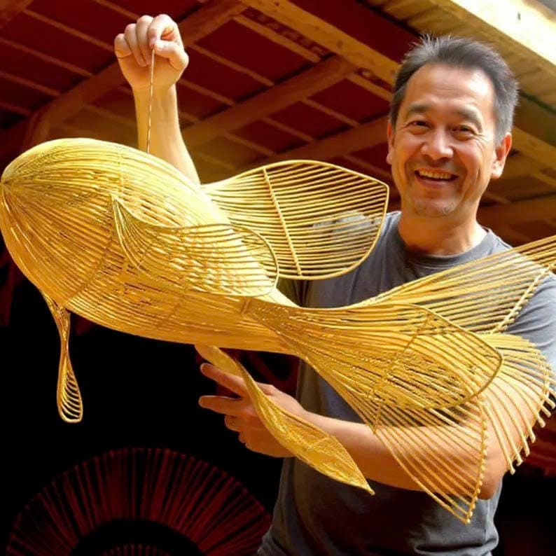 Rattan fish pendant lamp woven fish chandelier lighting art decor unique fish lantern light fixture