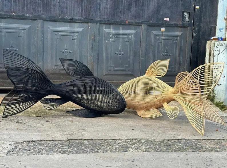 Rattan fish pendant lamp woven fish chandelier lighting art decor unique fish lantern light fixture