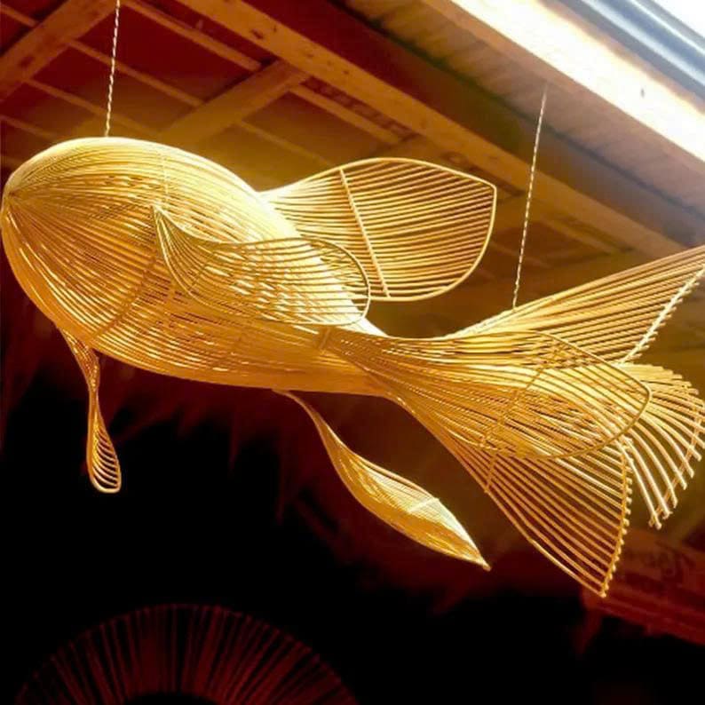 Rattan fish pendant lamp woven fish chandelier lighting art decor unique fish lantern light fixture