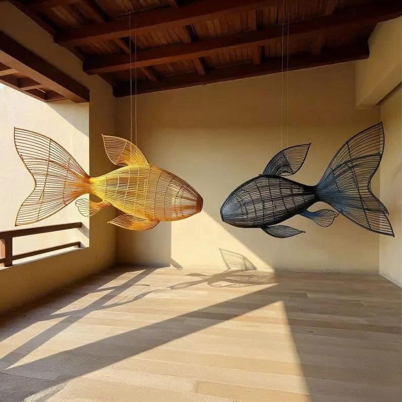 Rattan fish pendant lamp woven fish chandelier lighting art decor unique fish lantern light fixture