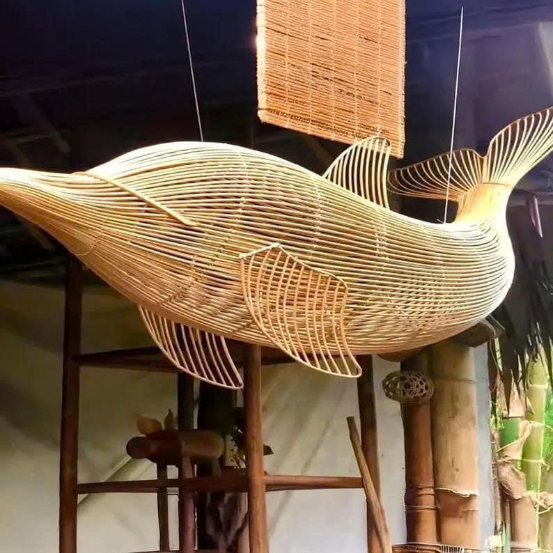 Rattan pendant light dolphin lamp fish chandelier light woven art deco lamp unique kitchen island lighting UniqueLightingCraft